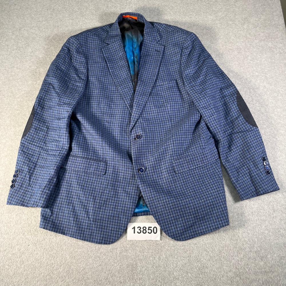 Tallia Blazer Jacket Mens 44L Blue Gray Check Linen Lin Single Breasted Business